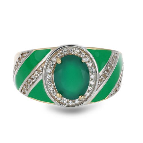 BUY 925 SILVER NATURAL GREEN ONYX WITH WHITE ZIRCON GEMSTONE ENAMEL RING 